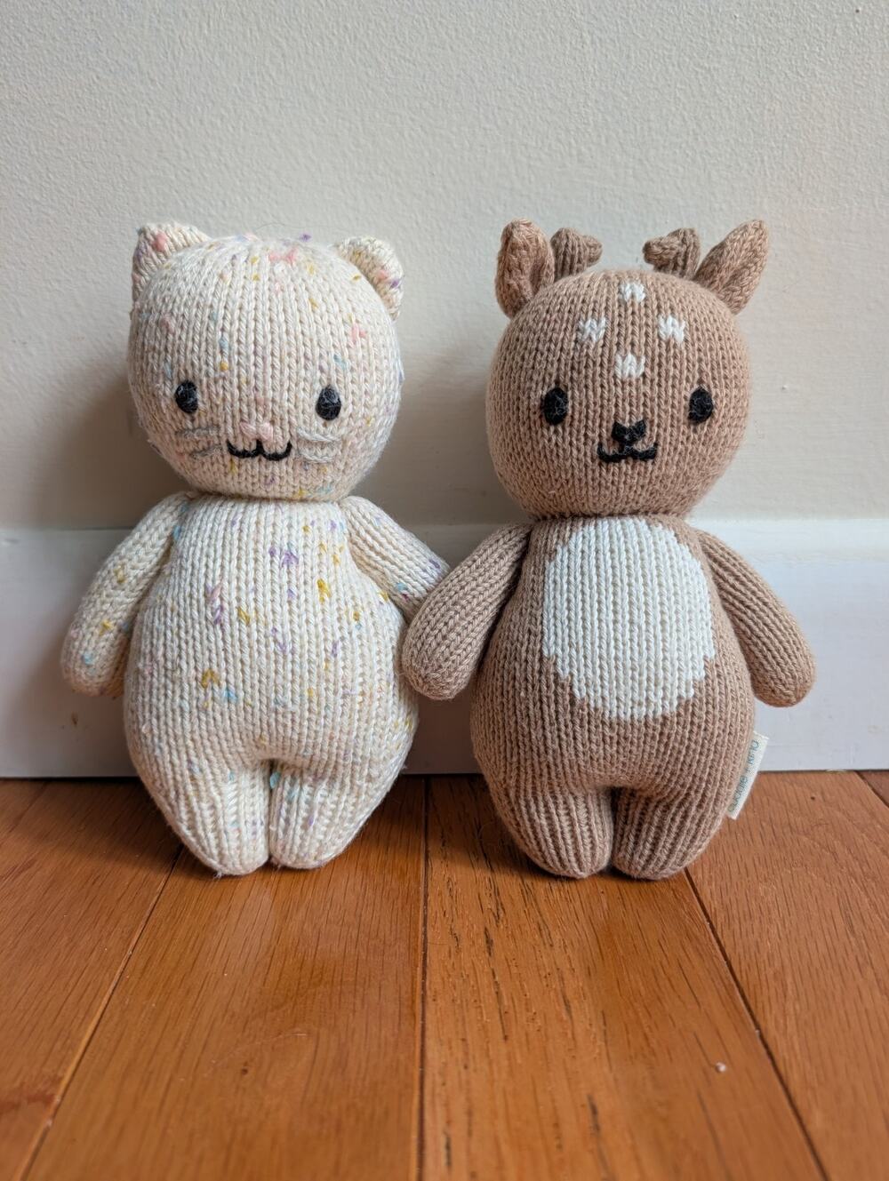 Cuddle + Kind Baby Animal Deer Fawn Kitten Plush Doll Set Knit Toy Hand Made 7”